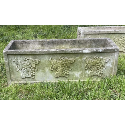 178 - GARDEN PLANTERS, a pair, well weathered reconstituted stone rectangular form with vine leaf and grap... 