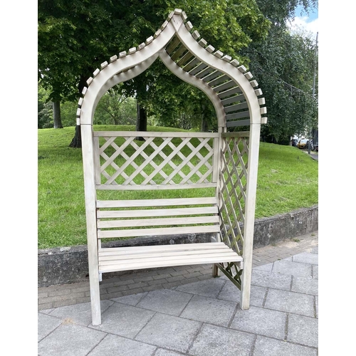 179 - GAZEBO, weathered arched slatted with lattice sides and back, 130cm W x 220cm H.