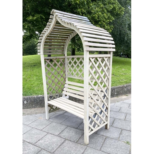 179 - GAZEBO, weathered arched slatted with lattice sides and back, 130cm W x 220cm H.