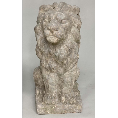 180 - GARDEN LIONS, a pair, well weathered reconstituted stone and terracotta seated, 75cm H. (2)