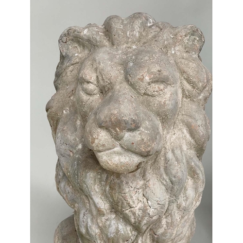 180 - GARDEN LIONS, a pair, well weathered reconstituted stone and terracotta seated, 75cm H. (2)