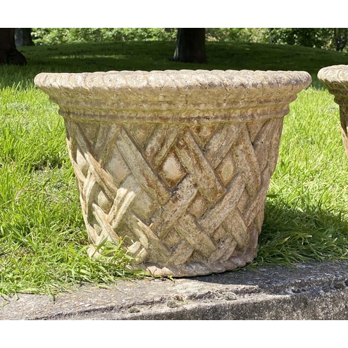 182 - GARDEN PLANTERS, a pair, weathered re constituted stone, circular tapered with 'woven' lattice sides... 