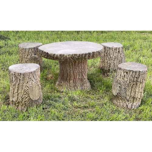 184 - GARDEN 'TREE TRUNK' TABLE AND STOOLS, a pair, well weathered reconstituted stone in the form of tree... 