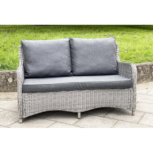 187 - 'ALL WEATHER' GARDEN BENCH/SOFA, all weather grey woven 'cane', with cushions, 140cm W.