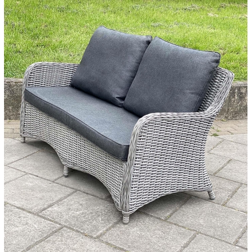 187 - 'ALL WEATHER' GARDEN BENCH/SOFA, all weather grey woven 'cane', with cushions, 140cm W.