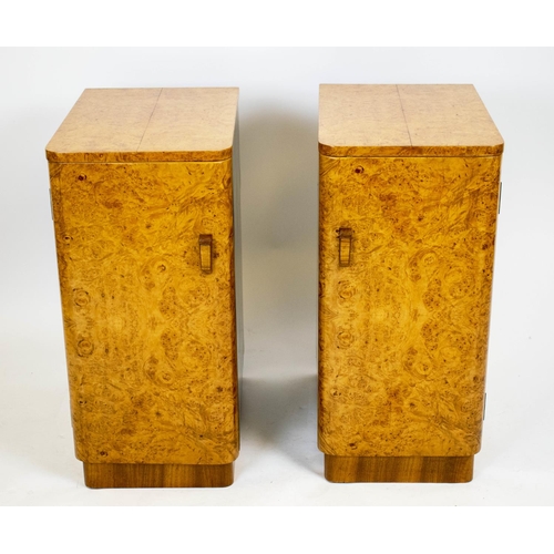 191 - BEDSIDE CABINETS, 74cm H x 35cm W x 51cm D, a pair, Art Deco, burr walnut and later ebonised, each w... 