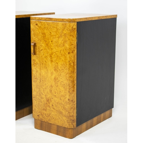 191 - BEDSIDE CABINETS, 74cm H x 35cm W x 51cm D, a pair, Art Deco, burr walnut and later ebonised, each w... 