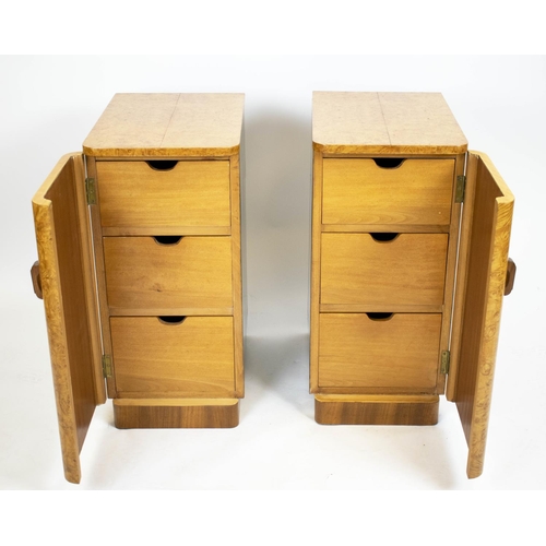 191 - BEDSIDE CABINETS, 74cm H x 35cm W x 51cm D, a pair, Art Deco, burr walnut and later ebonised, each w... 