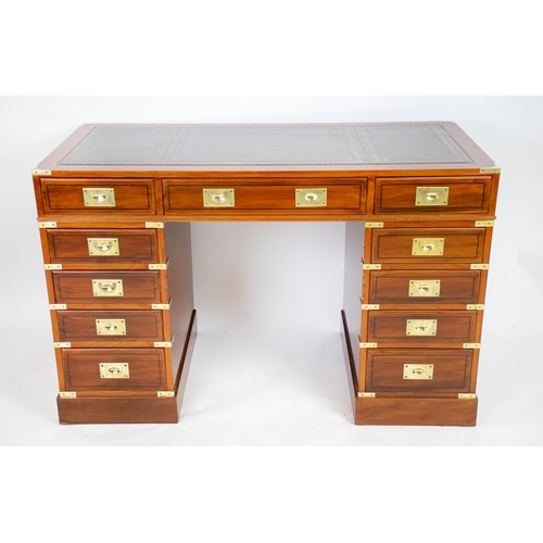 192 - CAMPAIGN STYLE PEDESTAL DESK, 77cm H x 121cm x 58cm D, yewwood and brass bound with leather top abov... 