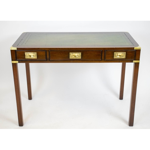 193 - CAMPAIGN STYLE WRITING TABLE BY KENNEDY, 101cm x 73cm W x 52cm D, mahogany and brass mounted with gr... 