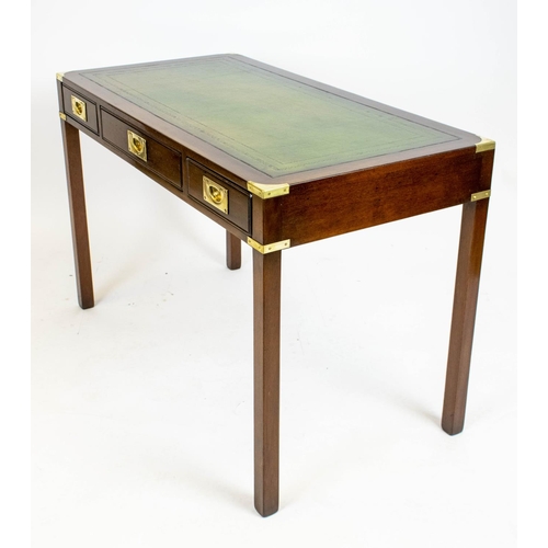 193 - CAMPAIGN STYLE WRITING TABLE BY KENNEDY, 101cm x 73cm W x 52cm D, mahogany and brass mounted with gr... 