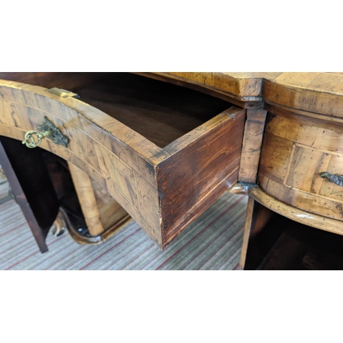 195 - DESK, 123cm W x 62cm D x 80cm H, early 20th century Italian olive wood with three drawers and two do... 