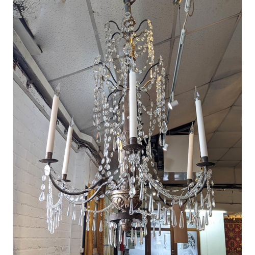 199 - CHANDELIERS, a pair, approx 115cm H x 80cm W, late 19th century, with a silvered wood stem, metal br... 