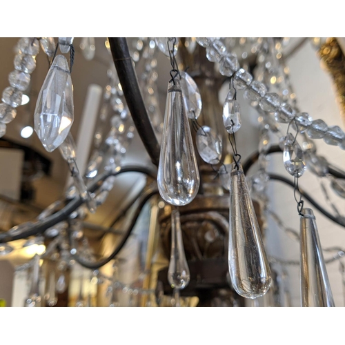 199 - CHANDELIERS, a pair, approx 115cm H x 80cm W, late 19th century, with a silvered wood stem, metal br... 