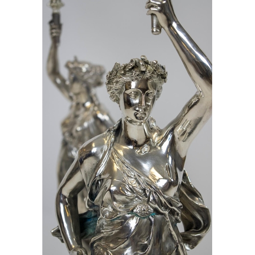 201 - CANDELABRA, 100cm H x 25cm W x 25cm D, a pair, after Jean Louis Gregoire silver plate and marble mod... 