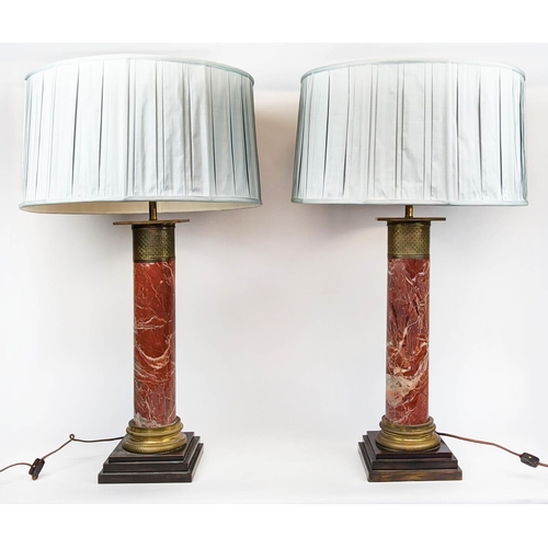 208 - LAMPS, a pair, each column base, 55cm H, marble with gilt metal mounts and blue shades. (2)