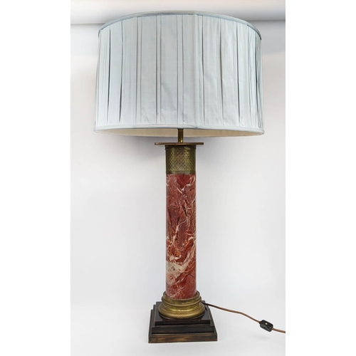 208 - LAMPS, a pair, each column base, 55cm H, marble with gilt metal mounts and blue shades. (2)