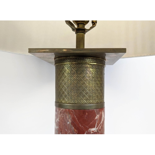 208 - LAMPS, a pair, each column base, 55cm H, marble with gilt metal mounts and blue shades. (2)