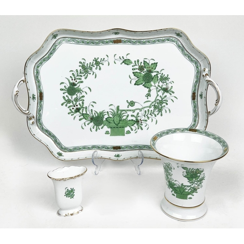 25 - HEREND TRAY, green and gilt decorated, 46cm x 30cm, together with two matching vases, largest 15cm H... 