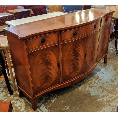 256 - BEVAN FUNNELL SIDEBOARD, 46cm D x 150cm W x  90cm H, of serpentine form with three drawers above fou... 