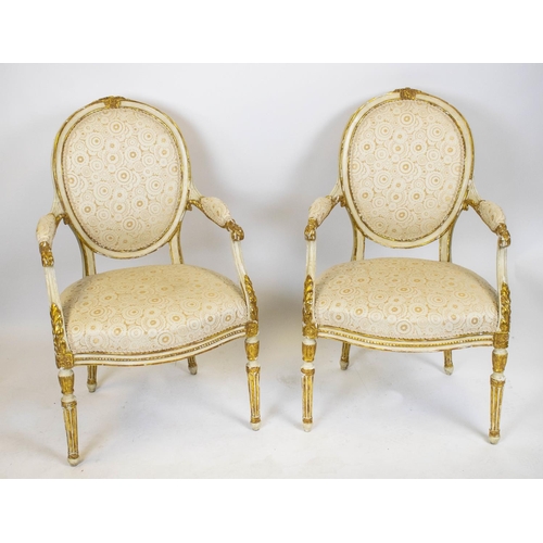 261 - ARMCHAIRS, a pair, George III painted and parcel gilt, circa 1785, in patterned cream upholstery, 96... 