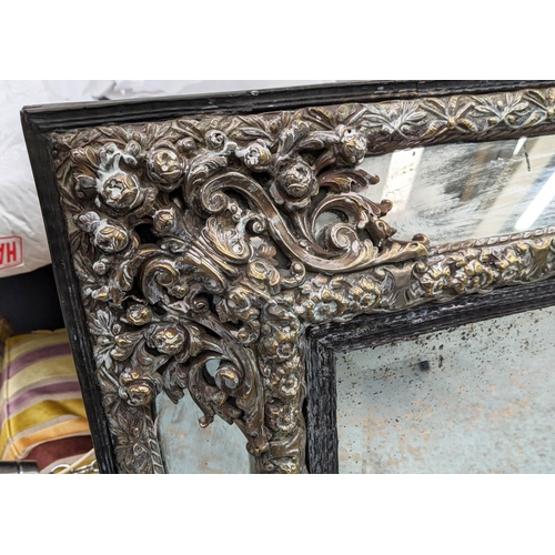 263 - WALL MIRROR, 19th century Flemish silvered repoussé brass frame, with marginal mirrored, bevelled pl... 