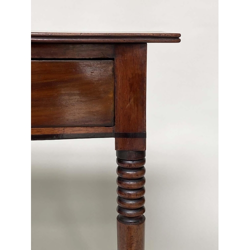 264 - WRITING TABLE, George III bowfronted mahogany with a full width frieze drawer and ring turned taperi... 