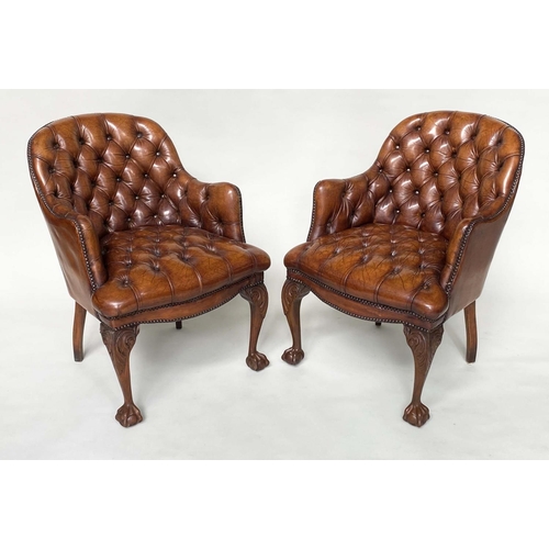 266 - LIBRARY ARMCHAIRS, a pair, Queen Anne style buttoned tan leather each with arched back and cabriole ... 