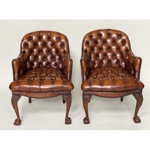 266 - LIBRARY ARMCHAIRS, a pair, Queen Anne style buttoned tan leather each with arched back and cabriole ... 