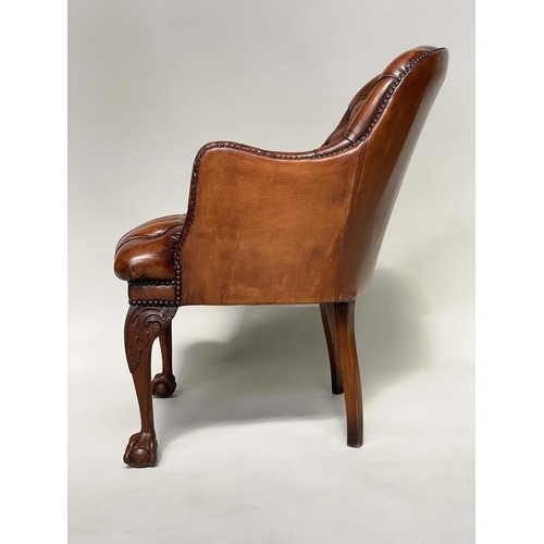 266 - LIBRARY ARMCHAIRS, a pair, Queen Anne style buttoned tan leather each with arched back and cabriole ... 