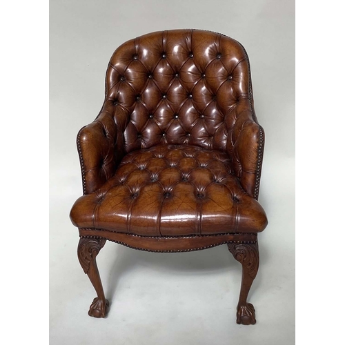 266 - LIBRARY ARMCHAIRS, a pair, Queen Anne style buttoned tan leather each with arched back and cabriole ... 