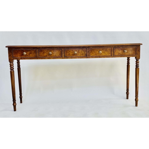 267 - HALL TABLE, George III design burr walnut and crossbanded with five short drawers and turned taperin... 