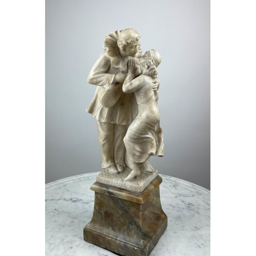 27 - MARBLE SCULPTURE, early 20th century Italian, pierrotesque mandolin playing clown in a gentle romant... 