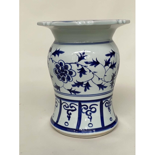 272 - CHINESE STOOLS, a pair, blue and white ceramic with dragon and leaf decoration, 40cm H x 33cm W. (2)