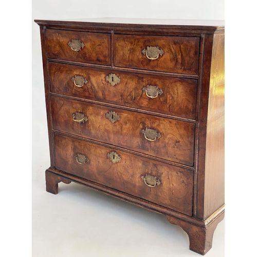 273 - CHEST, early 18th century English Queen Anne figured walnut and crossbanded with two short above thr... 