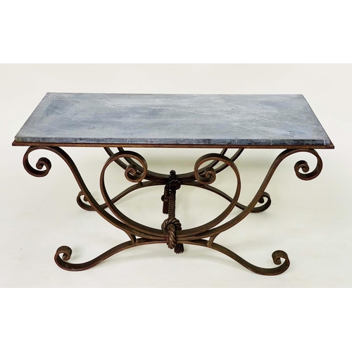 276 - CENTRE TABLE, vintage rectangular veined grey marble top raised on a scrolling wrought iron support ... 