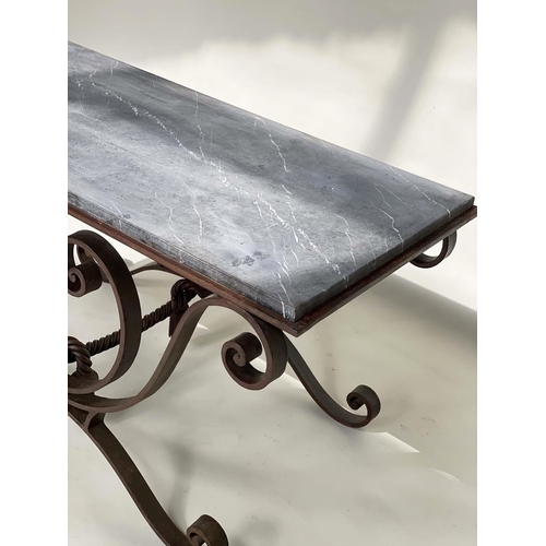 276 - CENTRE TABLE, vintage rectangular veined grey marble top raised on a scrolling wrought iron support ... 