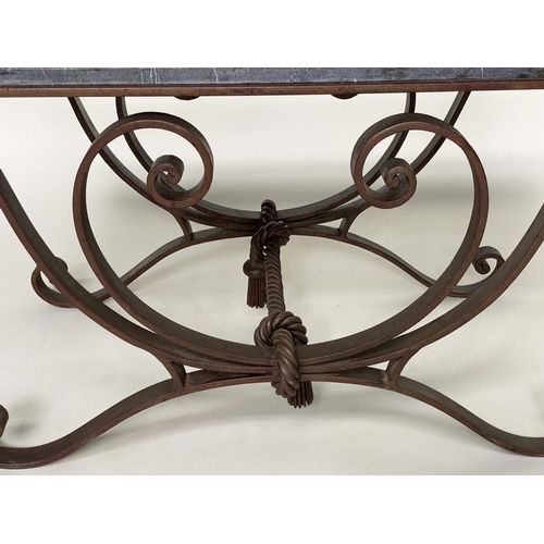 276 - CENTRE TABLE, vintage rectangular veined grey marble top raised on a scrolling wrought iron support ... 