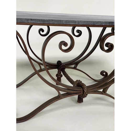 276 - CENTRE TABLE, vintage rectangular veined grey marble top raised on a scrolling wrought iron support ... 