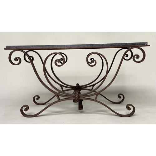 276 - CENTRE TABLE, vintage rectangular veined grey marble top raised on a scrolling wrought iron support ... 