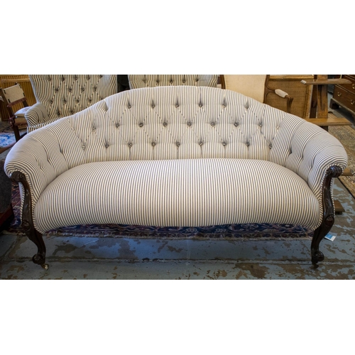 279 - SOFA, 97cm H x 187cm W, mid Victorian, newly upholstered in ticking on brass castors.