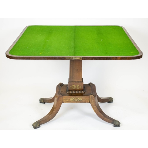 292 - CARD TABLE, 72cm H x 91cm W x 46cm D, Regency rosewood and brass inlaid with green baize foldover to... 