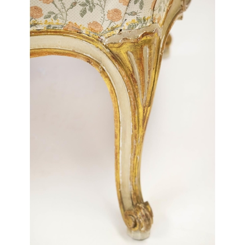 293 - BERGERES, 84cm H x 68cm W, a pair, early 20th century French painted and parcel gilt in floral uphol... 