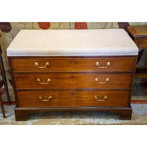 297 - CHEST, 73cm H x 107cm W x 56cm D, George III mahogany with three drawers and later taupe linen padde... 