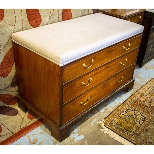 297 - CHEST, 73cm H x 107cm W x 56cm D, George III mahogany with three drawers and later taupe linen padde... 