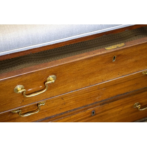 297 - CHEST, 73cm H x 107cm W x 56cm D, George III mahogany with three drawers and later taupe linen padde... 