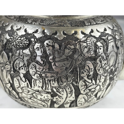 3 - PERSIAN 900 SILVER TEAPOT, approx 14 oz, profusely decorated with musicians and dancers, a Persian s... 