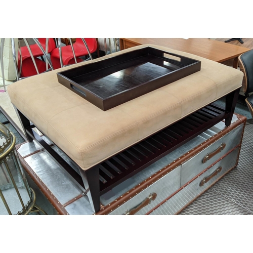 303 - BAKER COCKTAIL TABLE, 115cm x 85cm x 40cm, tan leather upholstered with tray top.