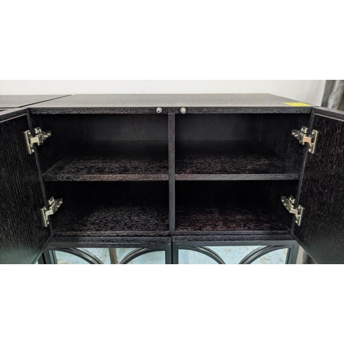 313 - CABINETS, a pair, mirrored each with four doors containing compartment with one shelf in each, eboni... 