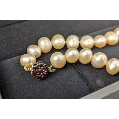 32 - A CULTURED PEARL SINGLE STRAND NECKLACE, 8mm pearls, yellow metal and garnet set clasp, 42cm long, c... 